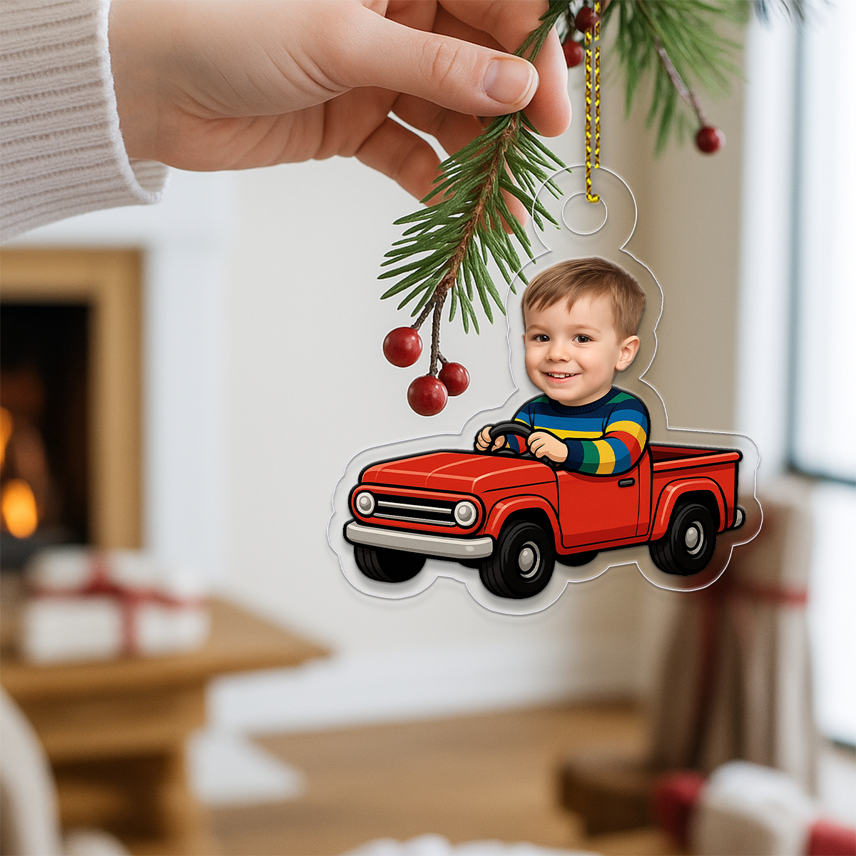 Personalized Red Truck Ornament with Custom Face Photo, Funny Christmas Ornament, Holiday Keepsake, Kids Ornament