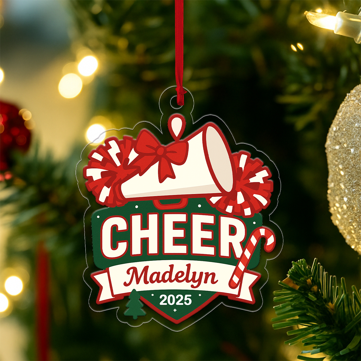 Custom Name Cheerleader, Pom-Poms, Megaphone Acrylic Ornament Christmas Gift