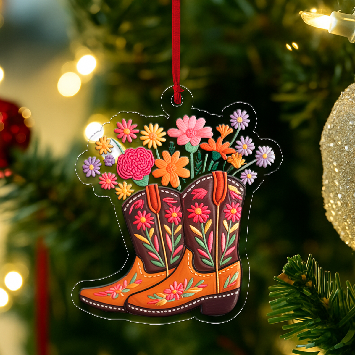 Custom Name Flower Cowgirl Boots Acrylic Ornament Christmas Gift