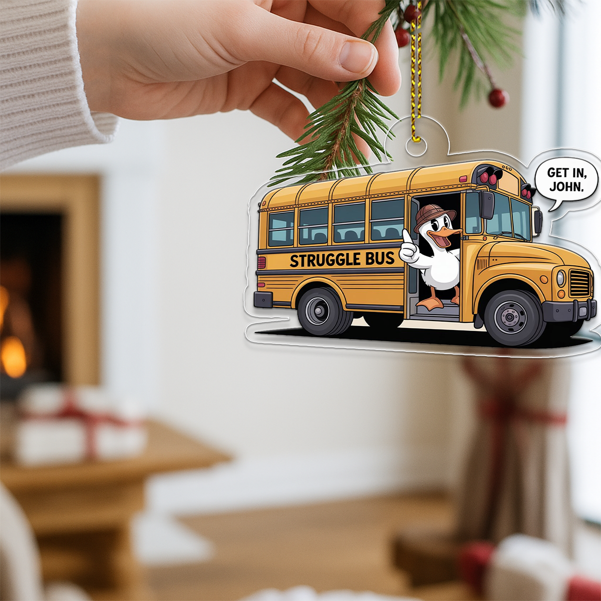 Personalized Get in Struggle Bus Ornament, Funny School Bus Christmas Ornament, Custom Gag Gift, Holiday Humor Decoration