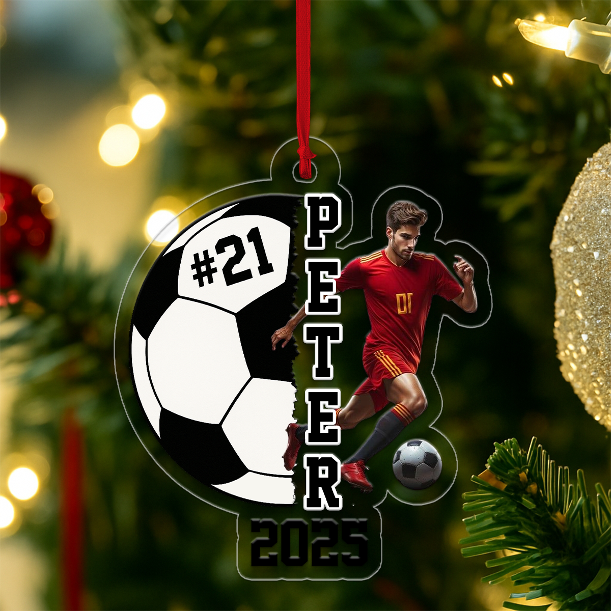 Custom Photo Soccer Player With Name Acrylic Ornament Christmas Gift