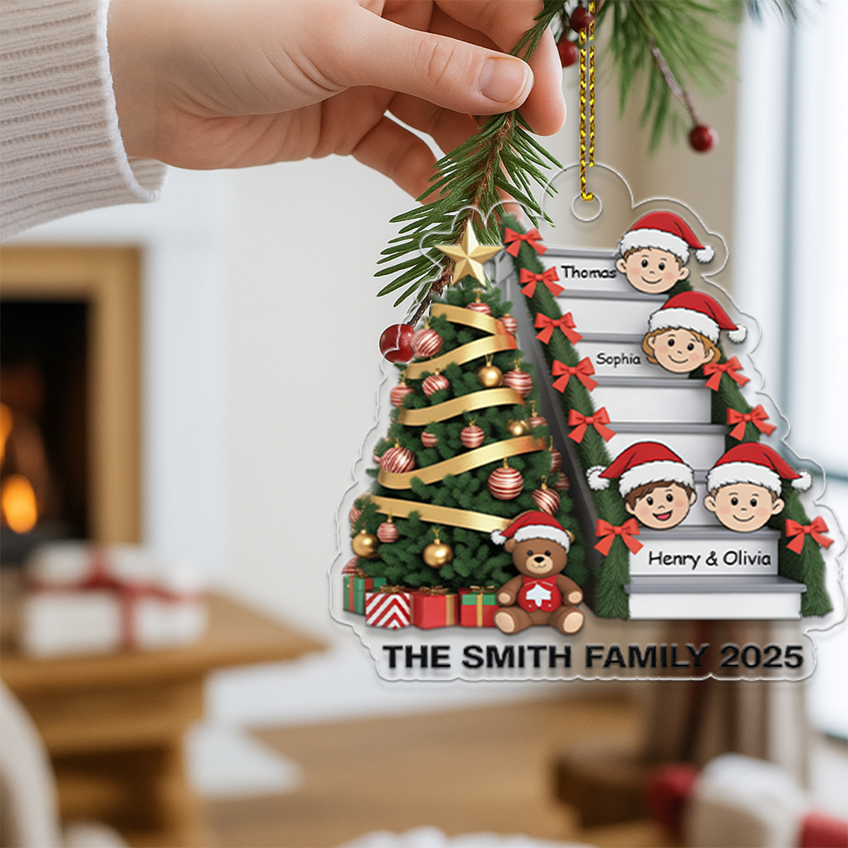 Family Members On Christmas Stairs Personalized Acrylic Ornament
