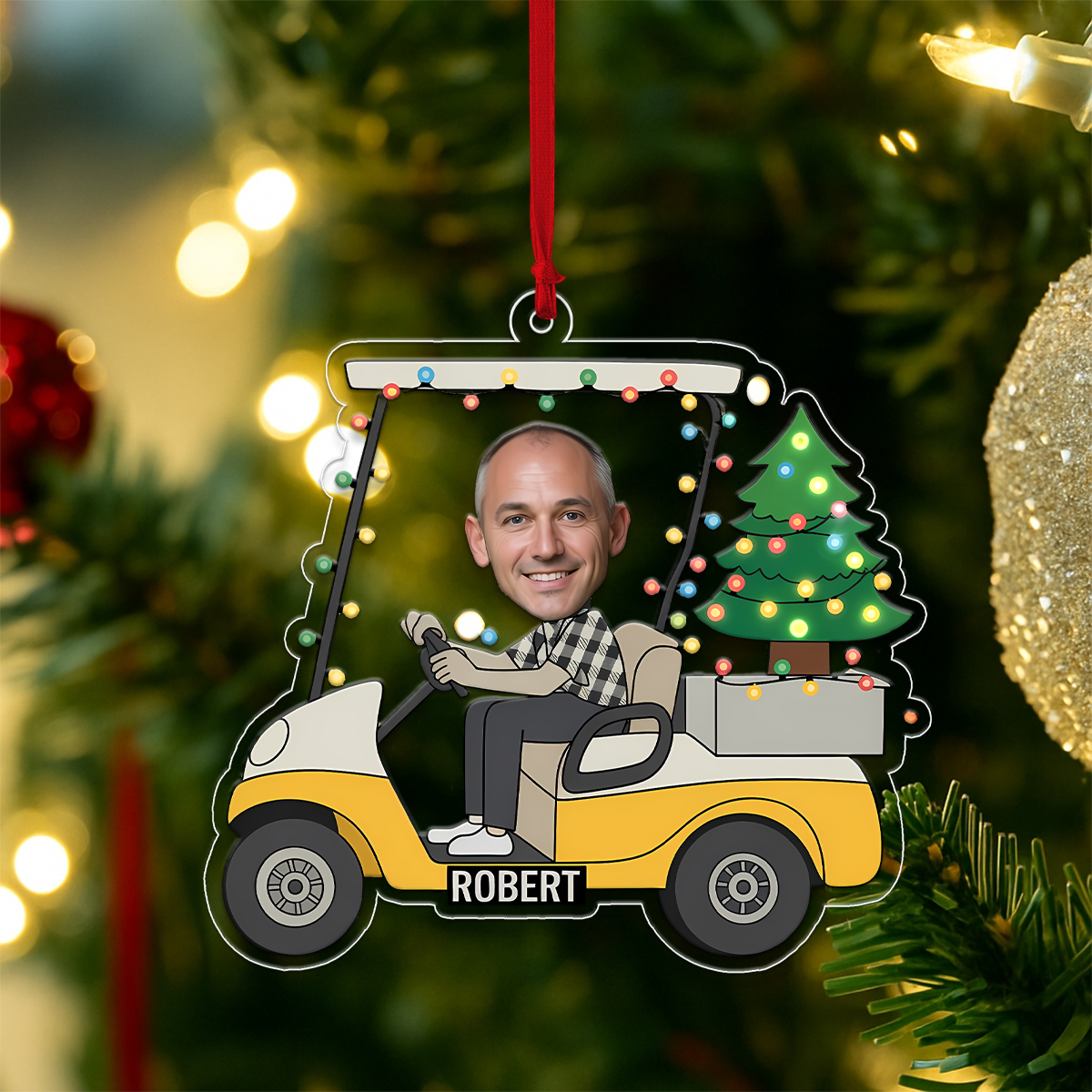 Custom Photo Funny Face Golf Cart Acrylic Ornament Christmas Gift