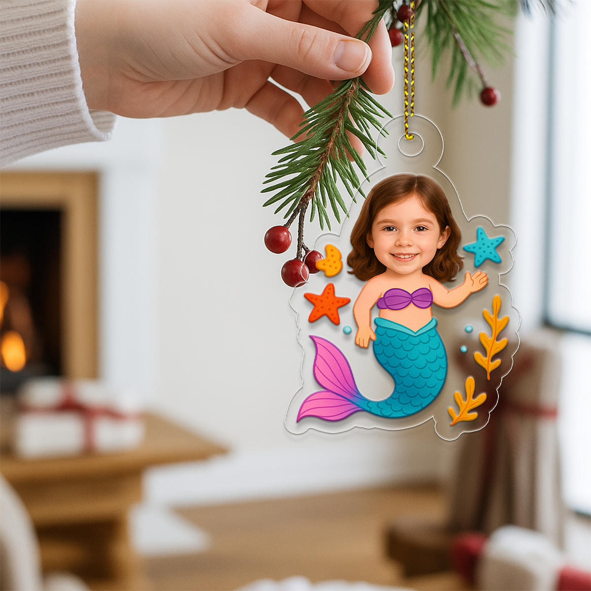 Personalized Mermaid Kids Ornament with Photo, Custom Christmas Decoration, Cute Holiday Gift for Children, Unique Xmas Ornament