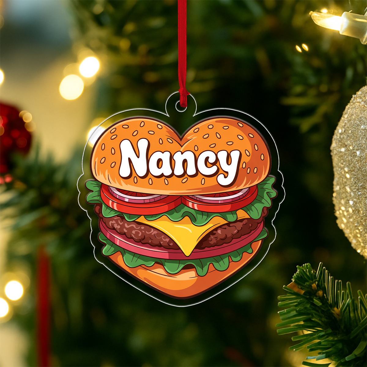 Personalized Heart Hamburger Ornament, Custom Gift for Food Lovers, Funny Ornament, Custom Holiday Ornament