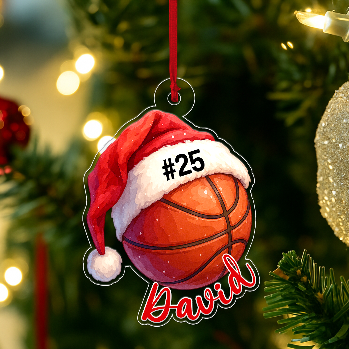 Custom Name Basketball Santa Hat Acrylic Ornament Christmas Gift