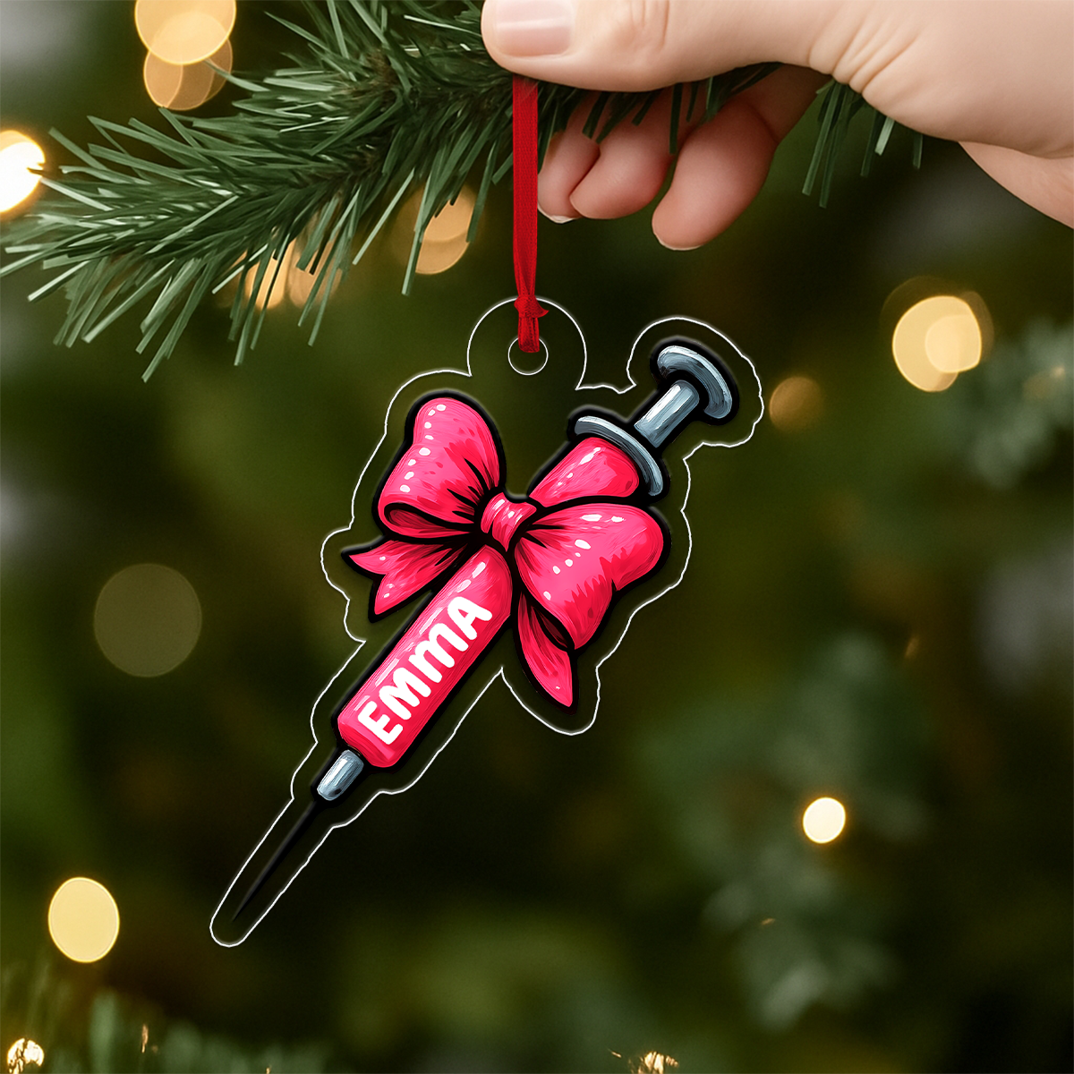 Personalized Bow Syringe Ornament, Custom Christmas Ornament, Nurse Ornament, Doctor Gift, Funny Medical Ornament, Healthcare Holiday Decor