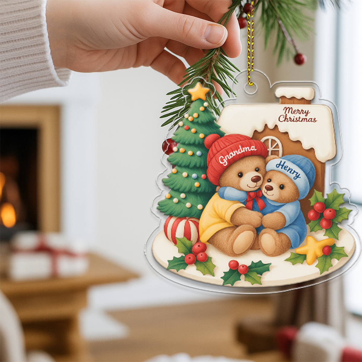 Grandma Bear Hugging Grandkids Personalized Acrylic Ornament2