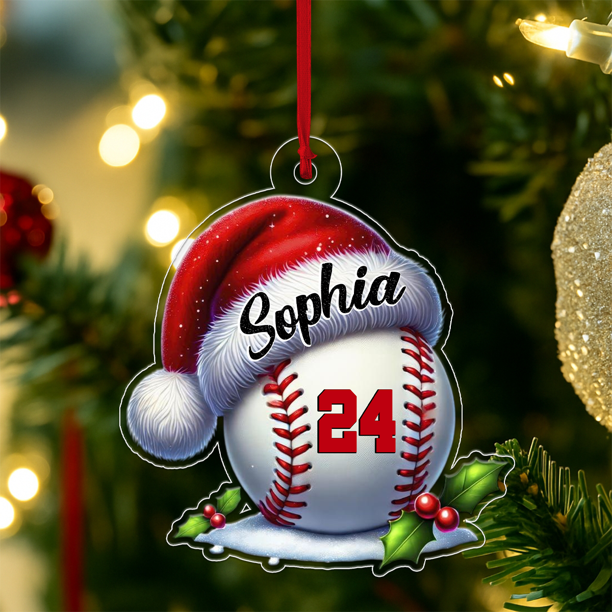 Custom Name Baseball Santa Hat Acrylic Ornament Christmas Gift
