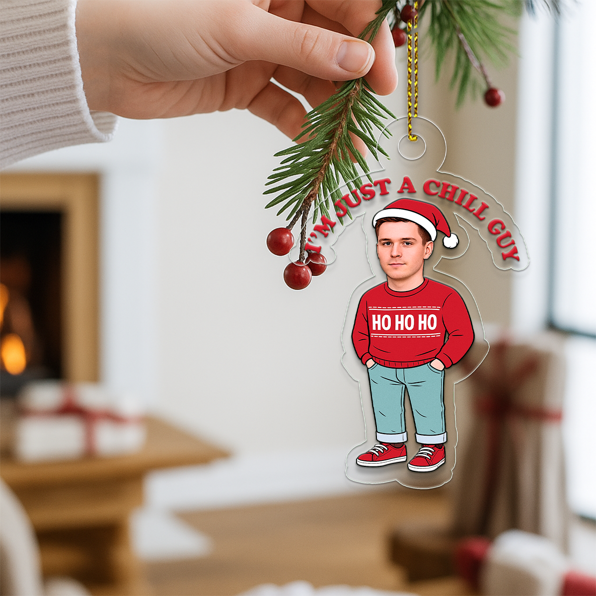 Custom Photo I'm Just A Chill Guy Ornament, Personalized Funny Christmas Ornament, Gag Gift Holiday Decoration, Unique Xmas Ornament