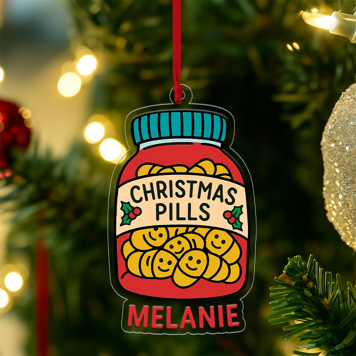 Personalized Happy Christmas Pill Ornament, Custom Funny Christmas Ornament, Humor Gag Gift, Medicine Decor