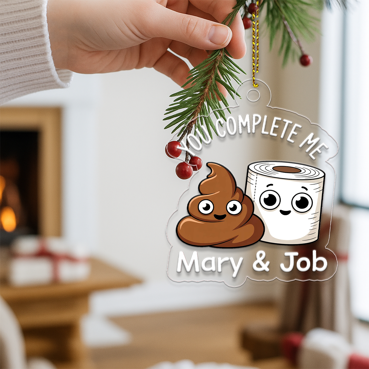 Personalized You Complete Me Funny Toilet Paper Poop Ornament, Custom Bathroom Humor Christmas Ornament, Adult Ornament