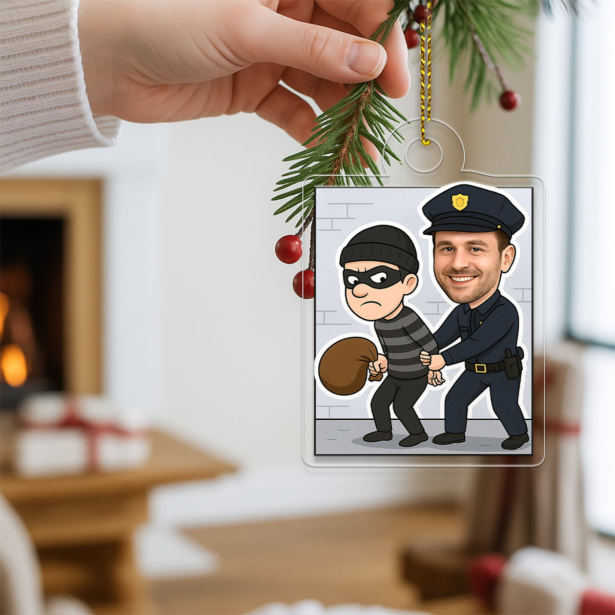 Custom Photo Police Caught the Thief Ornament, Personalized Law Enforcement Christmas Ornament, Police Officer Holiday Gift