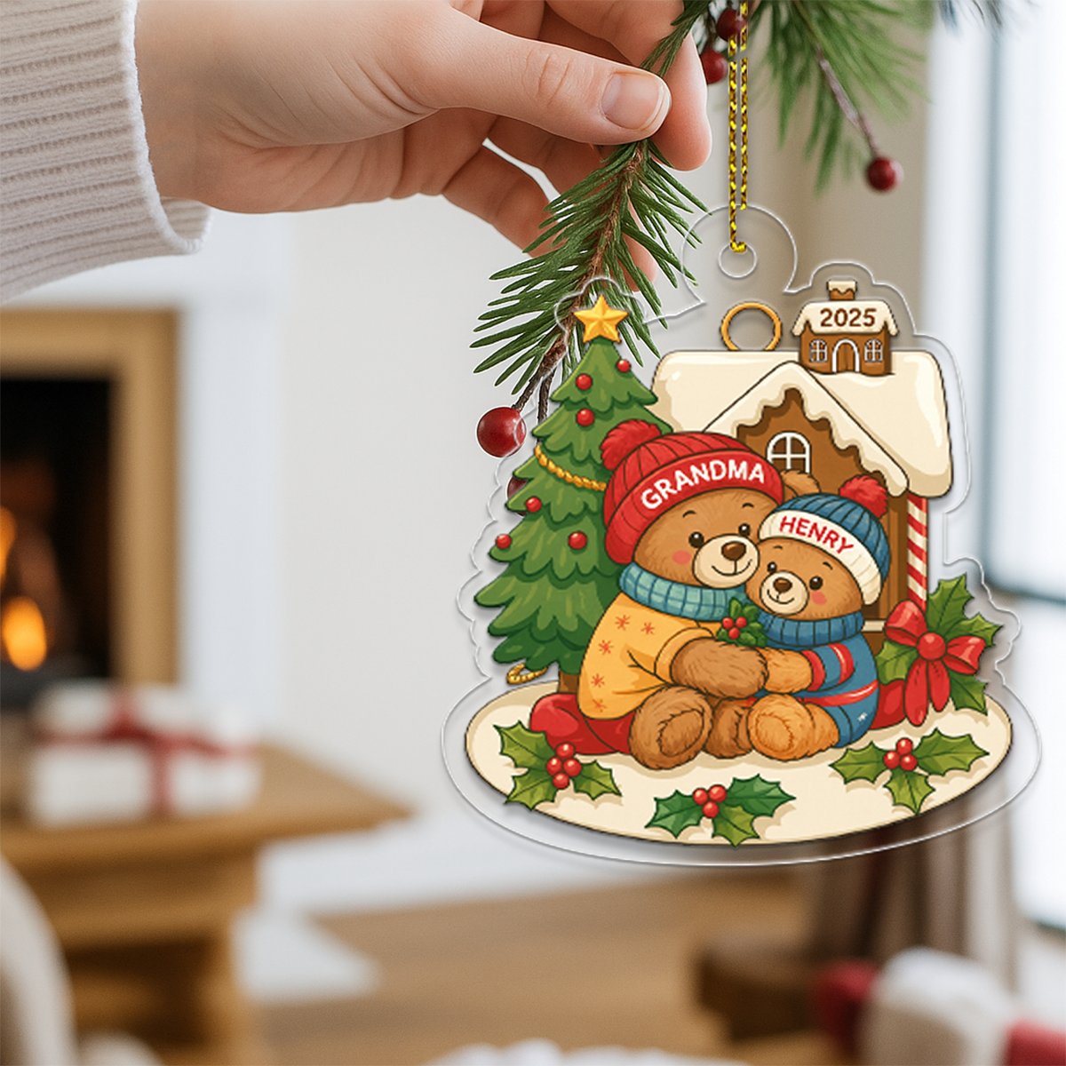 Grandma Bear Hugging Grandkids Personalized Acrylic Ornament