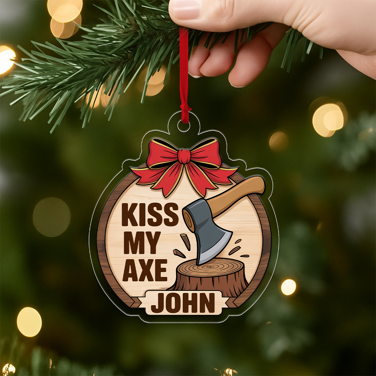 Personalized Kiss My Axe Adult Ornament, Funny Custom Christmas Tree Decoration, Lumberjack Gift, Woodworker Ornament, Holiday Gag Gift Idea