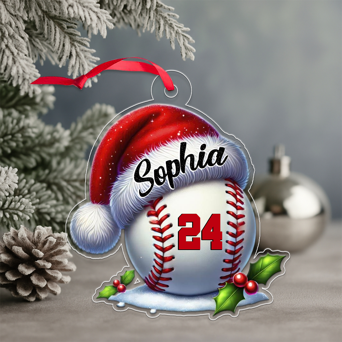 Custom Name Baseball Santa Hat Acrylic Ornament Christmas Gift