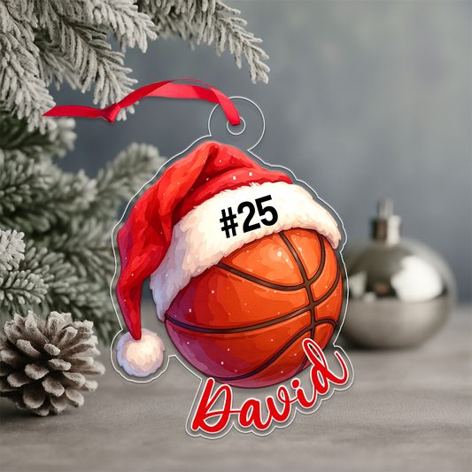 Custom Name Basketball Santa Hat Acrylic Ornament Christmas Gift