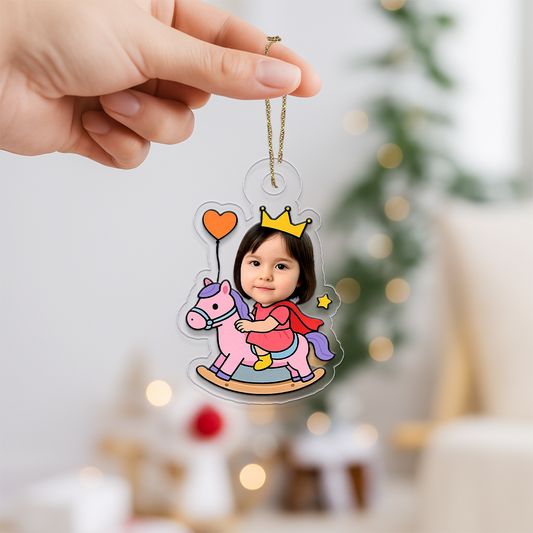 Custom Photo Face Riding Toy Horse Ornament, Personalized Funny Christmas Ornament, Gag Gift Holiday Decoration, Unique Family Keepsake