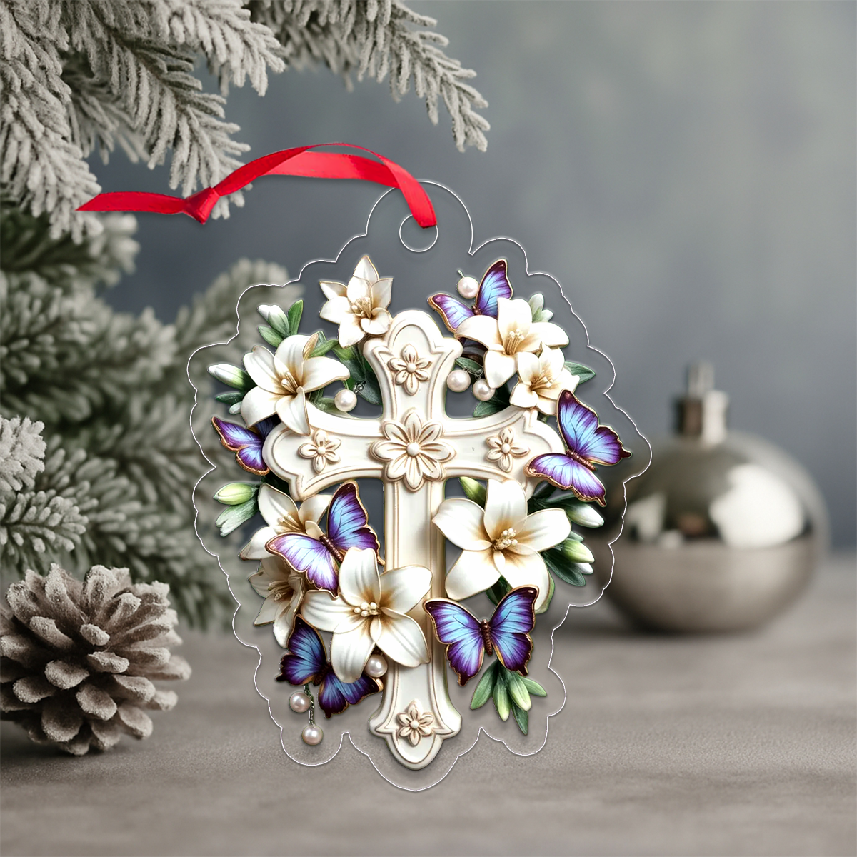 Custom Name Lily & Butterfly Cross Collection Acrylic Ornament Christmas Gift