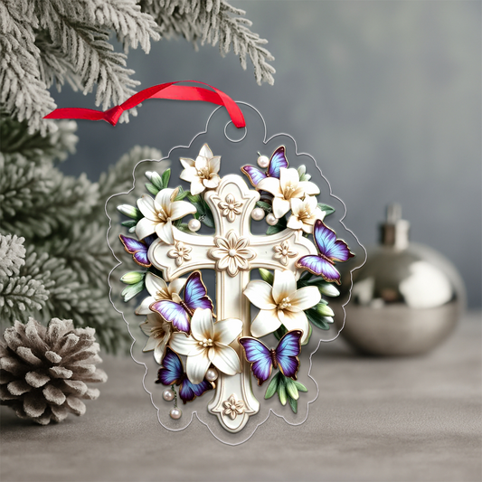 Custom Name Lily & Butterfly Cross Collection Acrylic Ornament Christmas Gift
