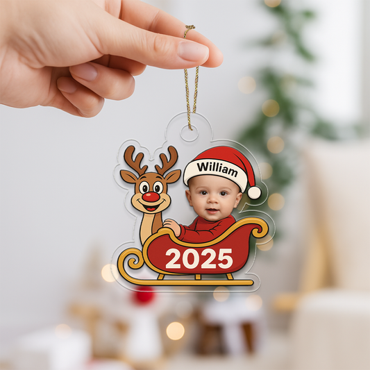 Personalized Baby Reindeer Ornament, Custom Baby Photo Christmas Ornament, Family Keepsake Decoration, Baby’s First Xmas Ornament