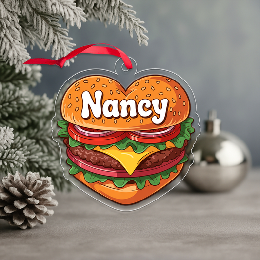 Personalized Heart Hamburger Ornament, Custom Gift for Food Lovers, Funny Ornament, Custom Holiday Ornament