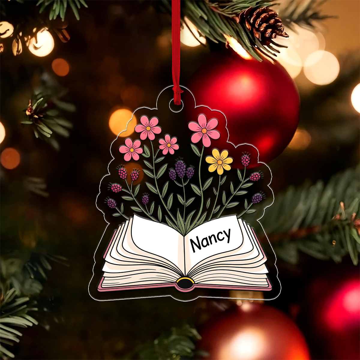 Personalized Flowers Growing From Book Ornament, Custom Book Lover Christmas Ornament, Teacher Gift, Literary Ornament, Holiday Keepsake