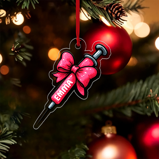 Personalized Bow Syringe Ornament, Custom Christmas Ornament, Nurse Ornament, Doctor Gift, Funny Medical Ornament, Healthcare Holiday Decor