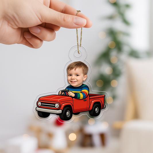 Personalized Red Truck Ornament with Custom Face Photo, Funny Christmas Ornament, Holiday Keepsake, Kids Ornament