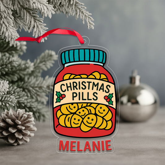 Personalized Happy Christmas Pill Ornament, Custom Funny Christmas Ornament, Humor Gag Gift, Medicine Decor