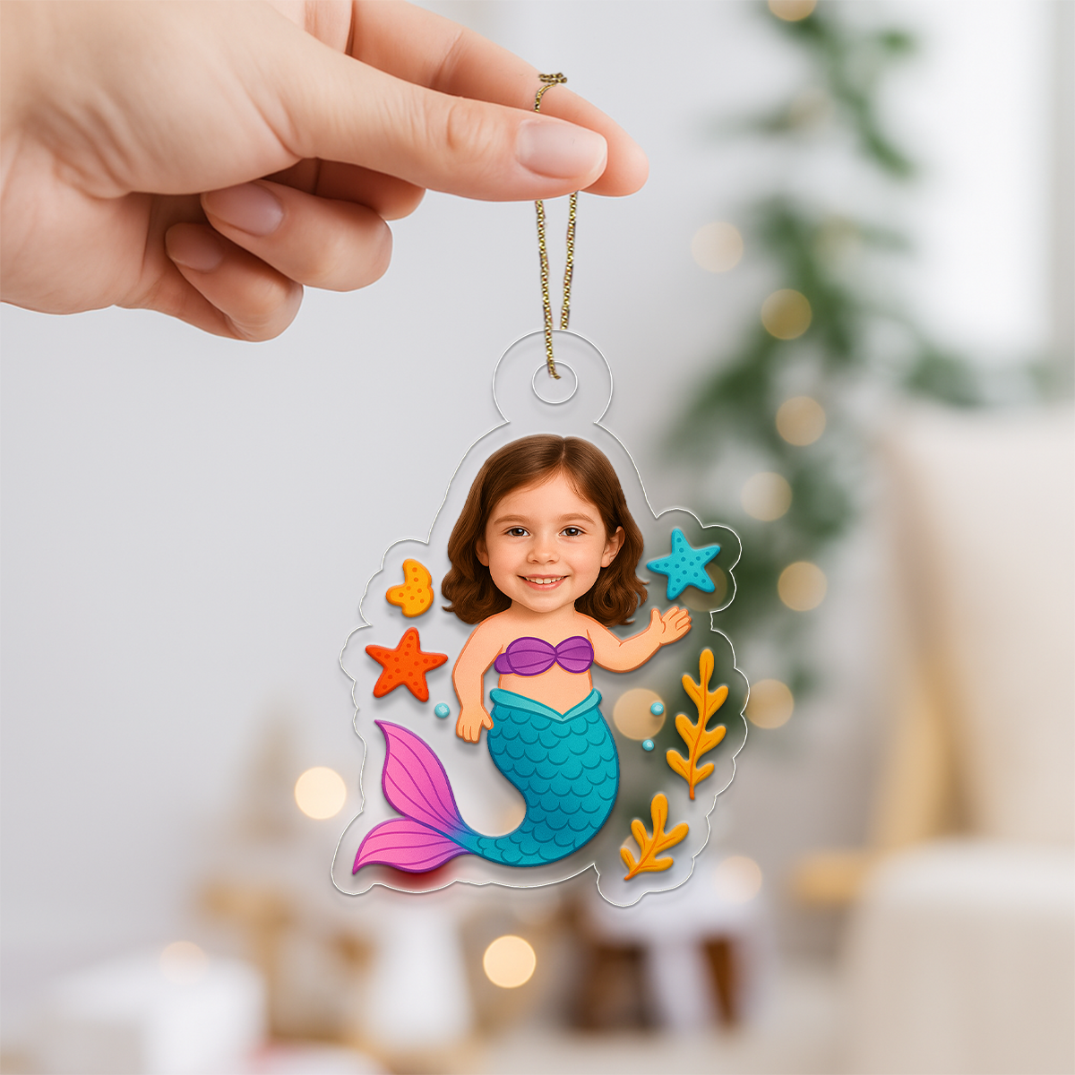 Personalized Mermaid Kids Ornament with Photo, Custom Christmas Decoration, Cute Holiday Gift for Children, Unique Xmas Ornament