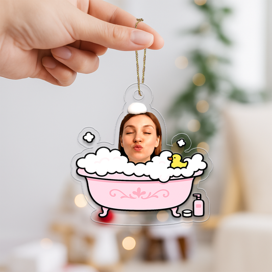 Custom Photo Face Bathtub Ornament, Personalized Funny Christmas Ornament, Gag Gift Holiday Decoration, Unique Spa Lover Keepsake