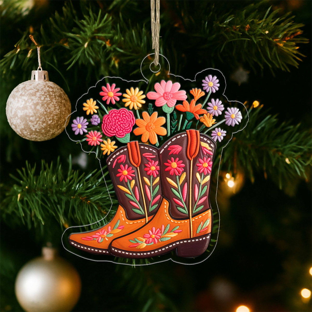 Custom Name Flower Cowgirl Boots Acrylic Ornament Christmas Gift