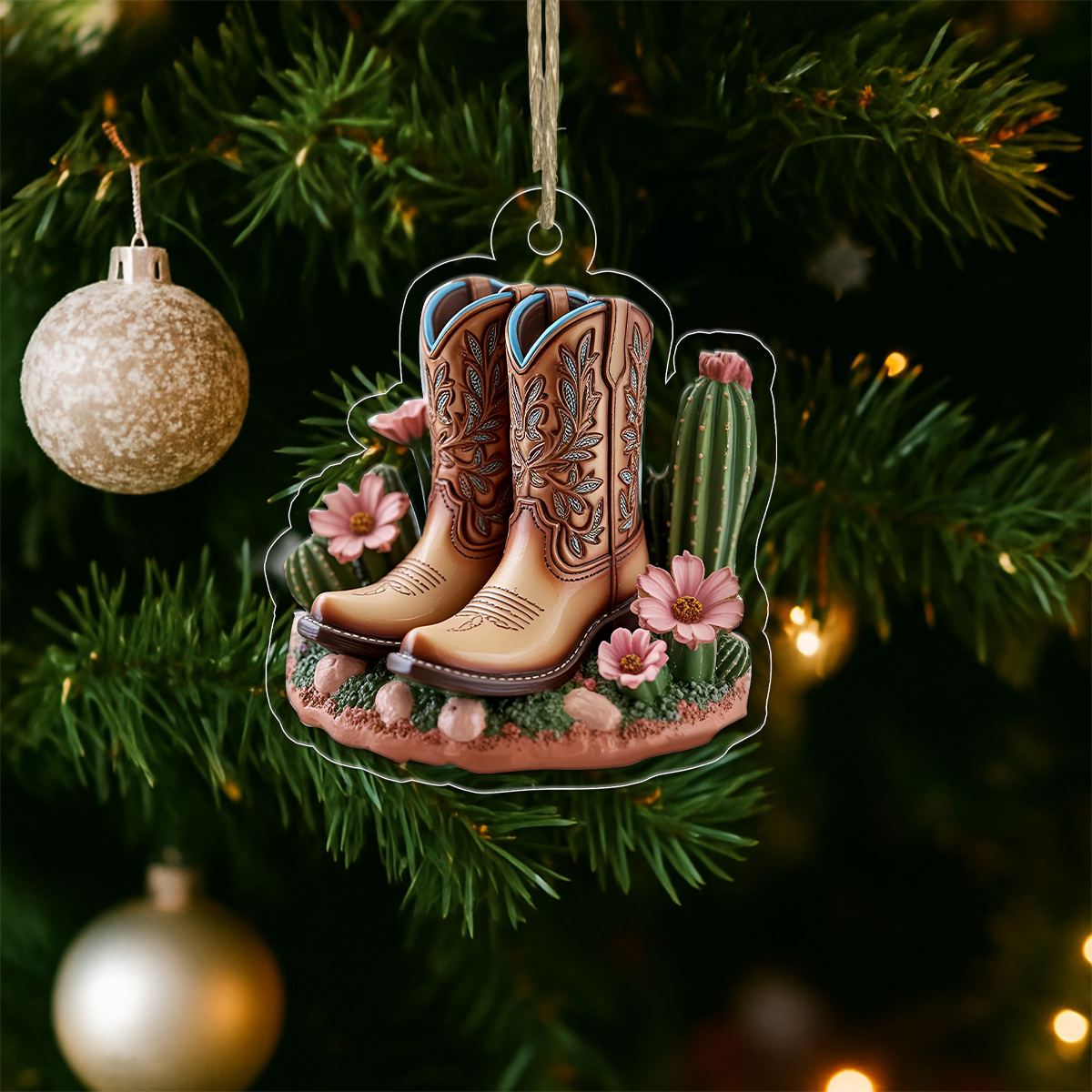 Blooming Western Charm Cowboy Boot Acrylic Ornament Christmas Gift