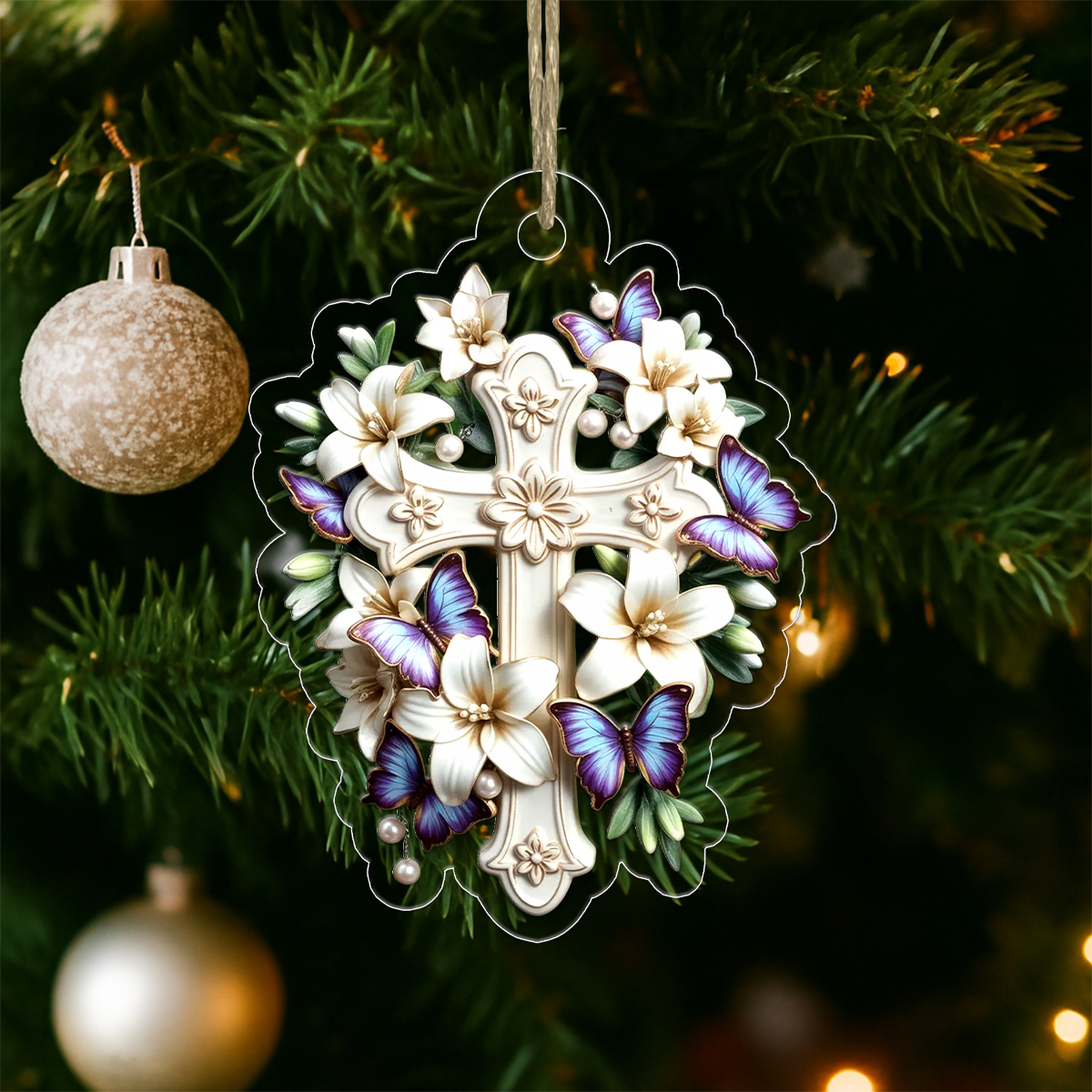 Custom Name Lily & Butterfly Cross Collection Acrylic Ornament Christmas Gift