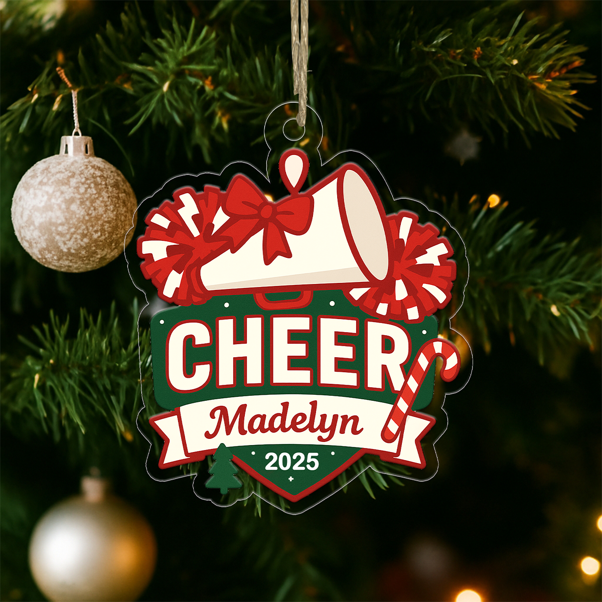 Custom Name Cheerleader, Pom-Poms, Megaphone Acrylic Ornament Christmas Gift