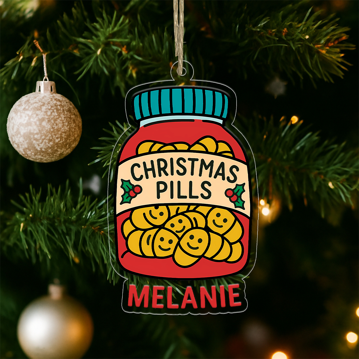 Personalized Happy Christmas Pill Ornament, Custom Funny Christmas Ornament, Humor Gag Gift, Medicine Decor