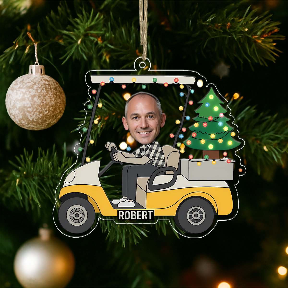 Custom Photo Funny Face Golf Cart Acrylic Ornament Christmas Gift