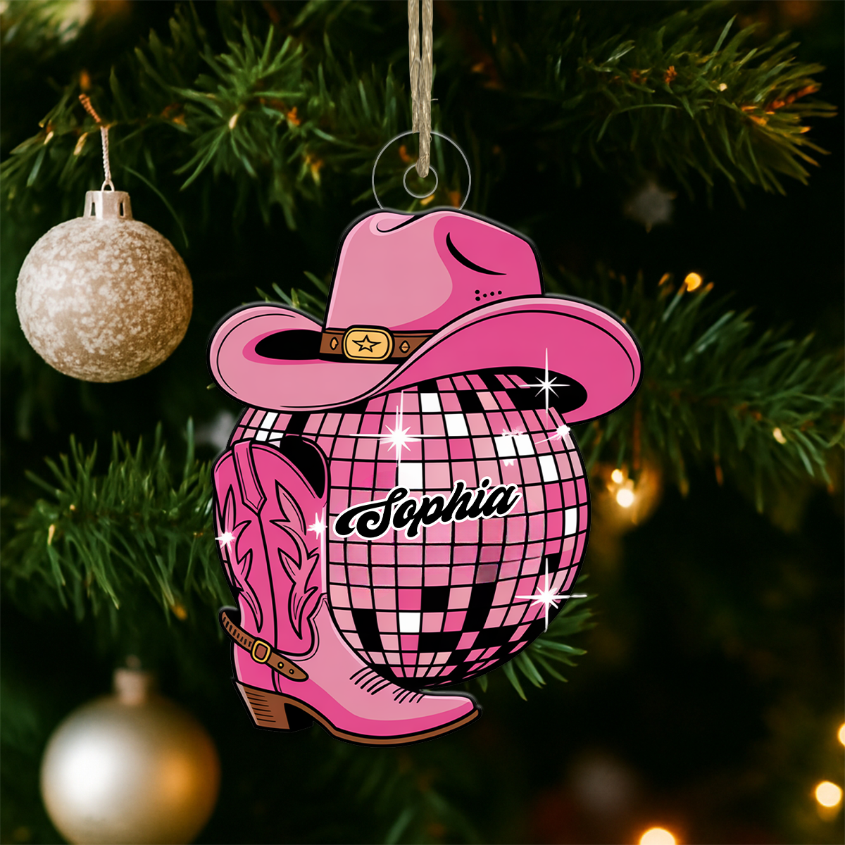 Custom Name Cowboy Boots And Disco Ball Acrylic Ornament Christmas Gift
