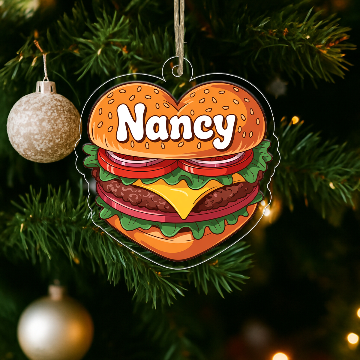Personalized Heart Hamburger Ornament, Custom Gift for Food Lovers, Funny Ornament, Custom Holiday Ornament
