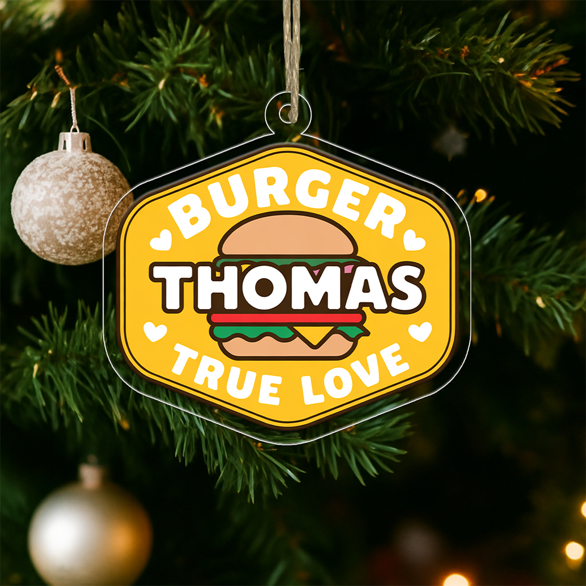 Personalized True Love with Hamburger Ornament, Funny Food Lover Gift, Custom Holiday Ornament, Hamburger Gift