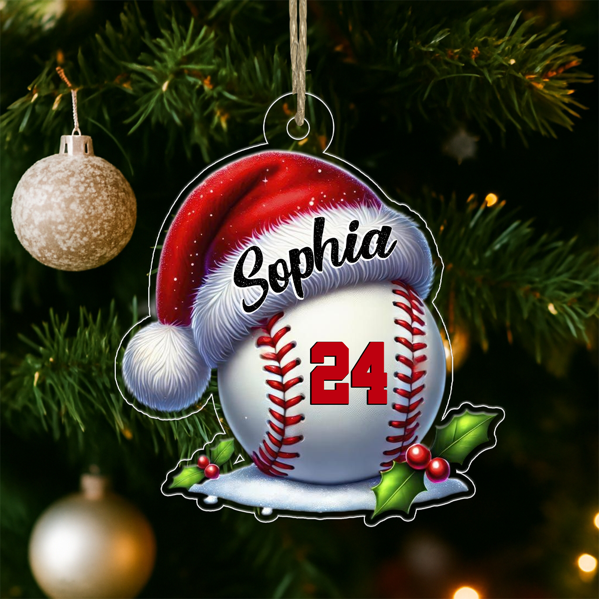 Custom Name Baseball Santa Hat Acrylic Ornament Christmas Gift