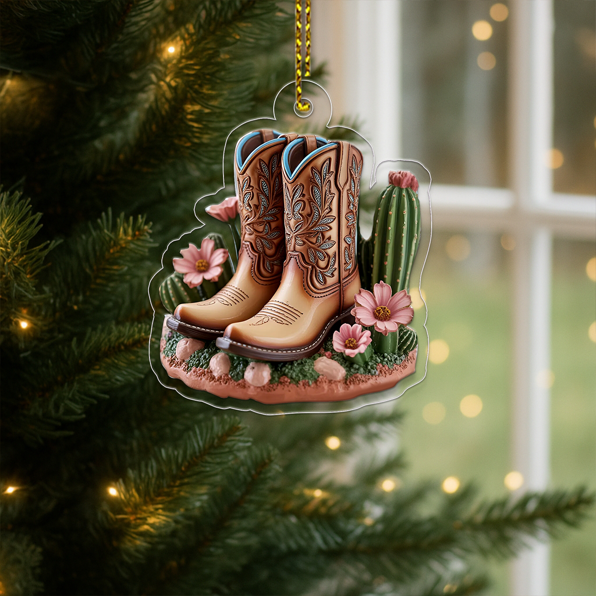 Blooming Western Charm Cowboy Boot Acrylic Ornament Christmas Gift