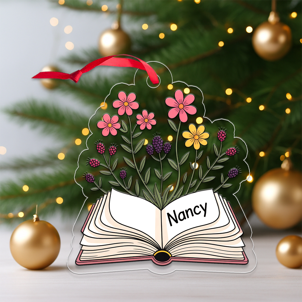 Personalized Flowers Growing From Book Ornament, Custom Book Lover Christmas Ornament, Teacher Gift, Literary Ornament, Holiday Keepsake