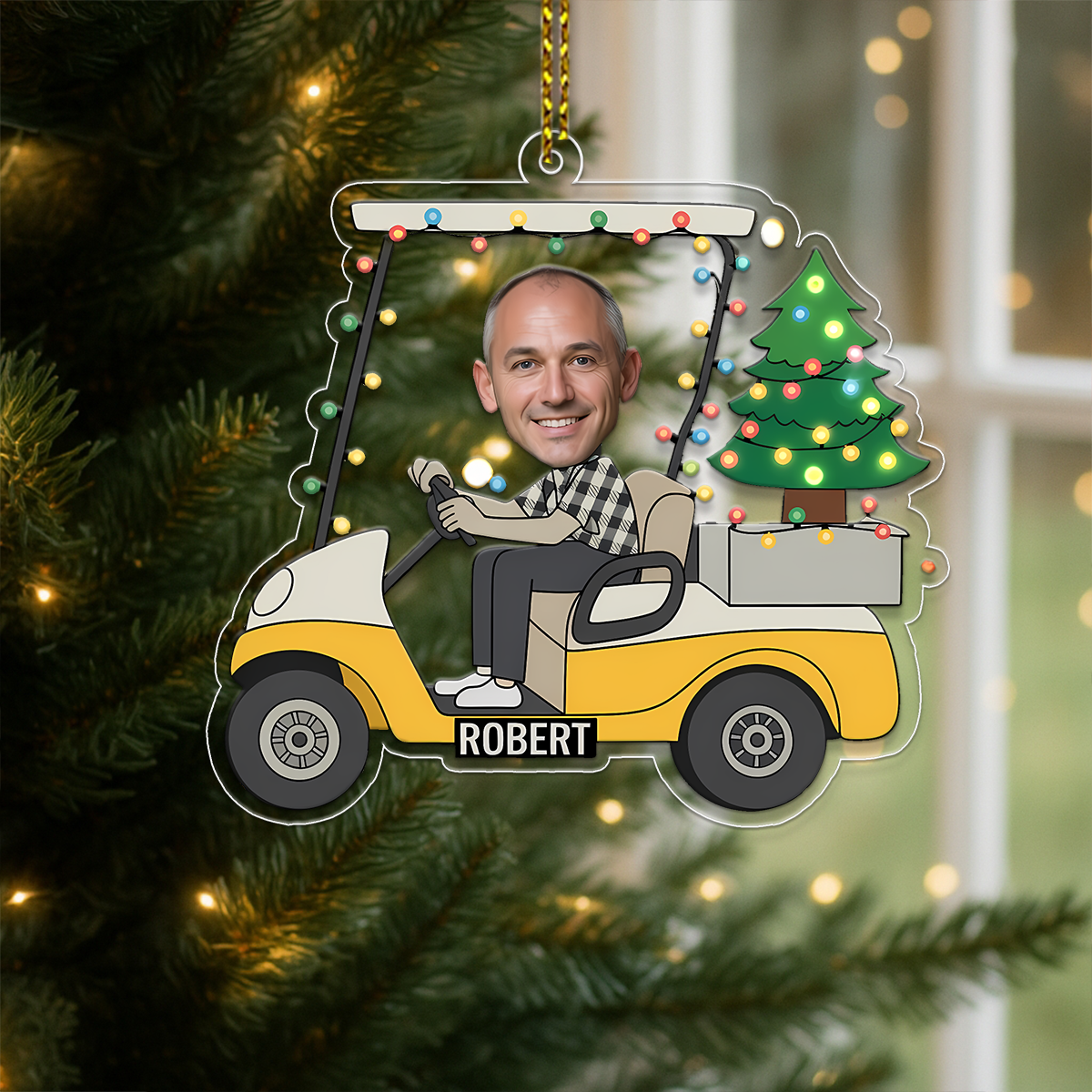 Custom Photo Funny Face Golf Cart Acrylic Ornament Christmas Gift
