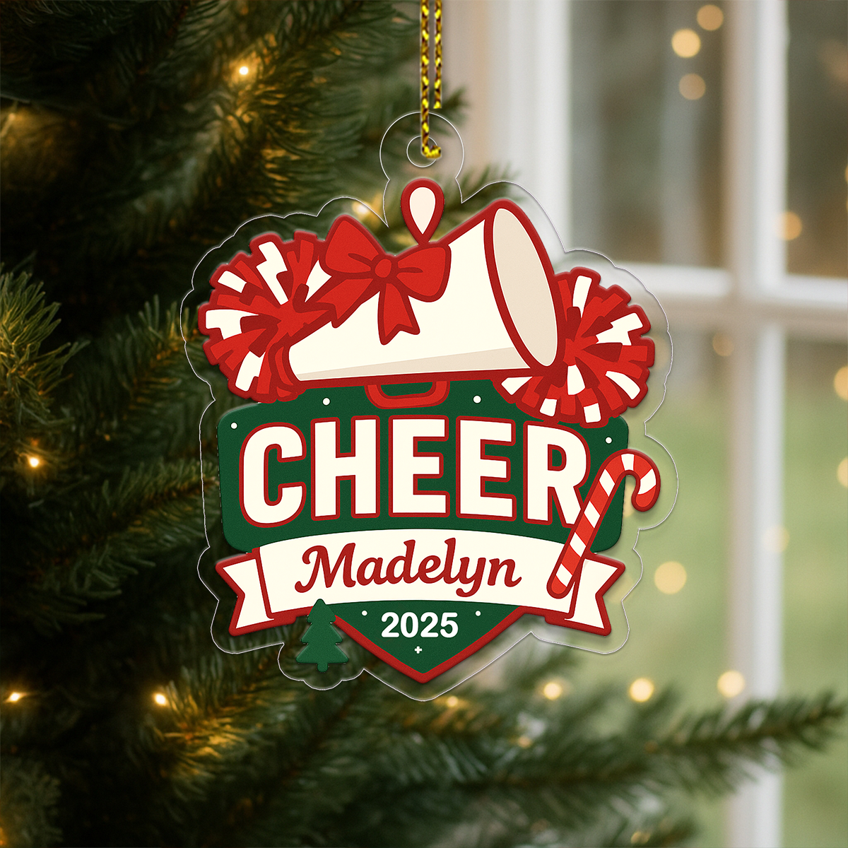Custom Name Cheerleader, Pom-Poms, Megaphone Acrylic Ornament Christmas Gift