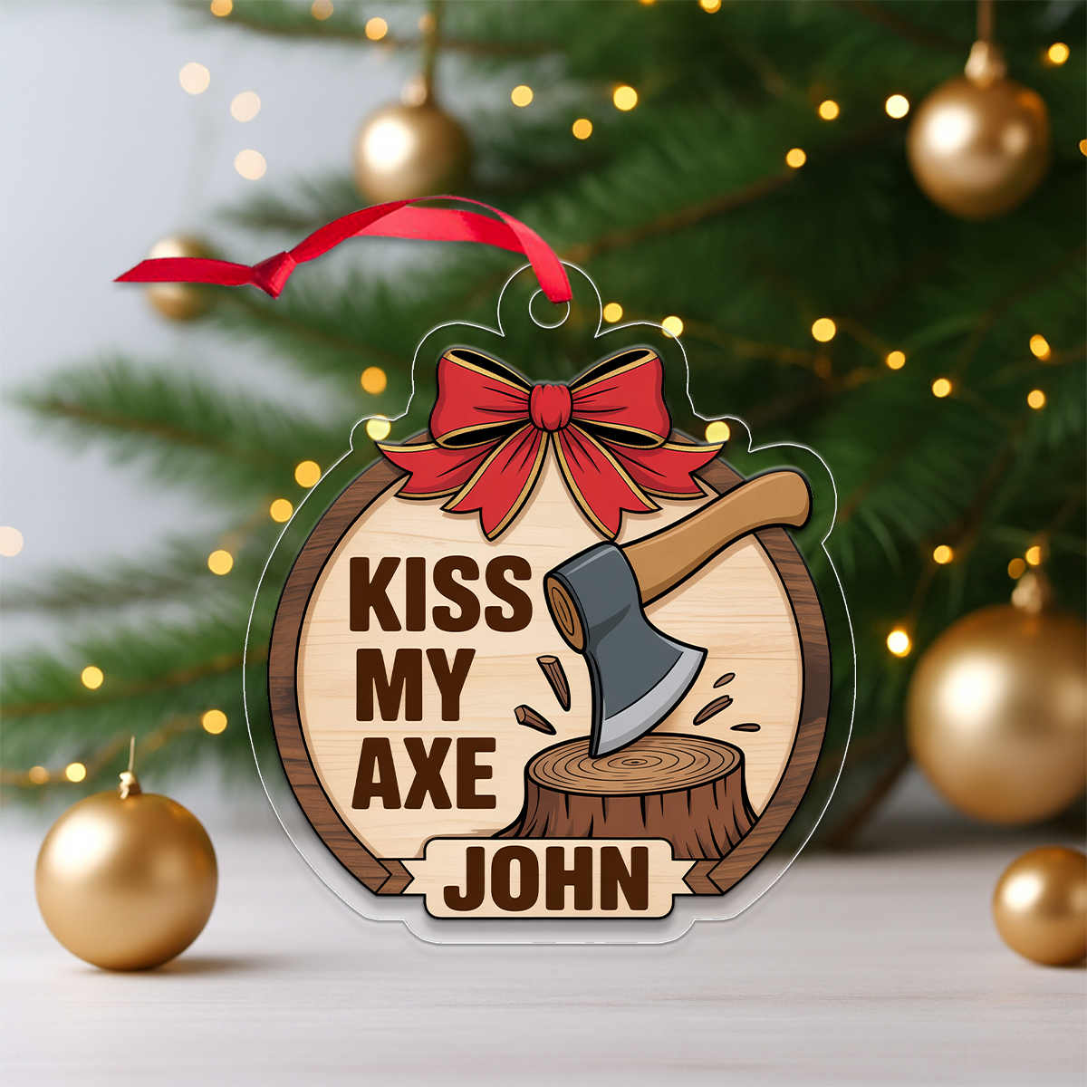 Personalized Kiss My Axe Adult Ornament, Funny Custom Christmas Tree Decoration, Lumberjack Gift, Woodworker Ornament, Holiday Gag Gift Idea