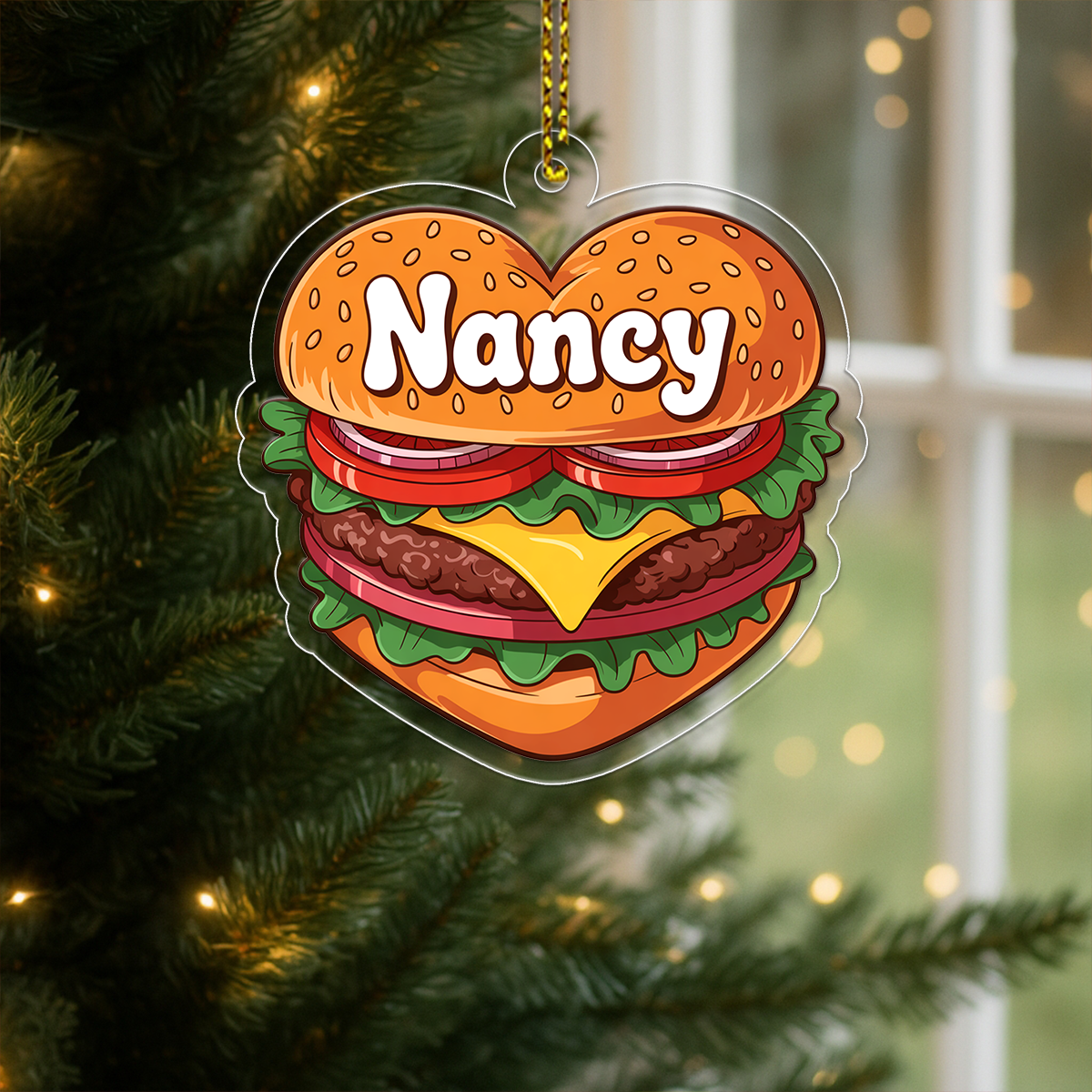 Personalized Heart Hamburger Ornament, Custom Gift for Food Lovers, Funny Ornament, Custom Holiday Ornament
