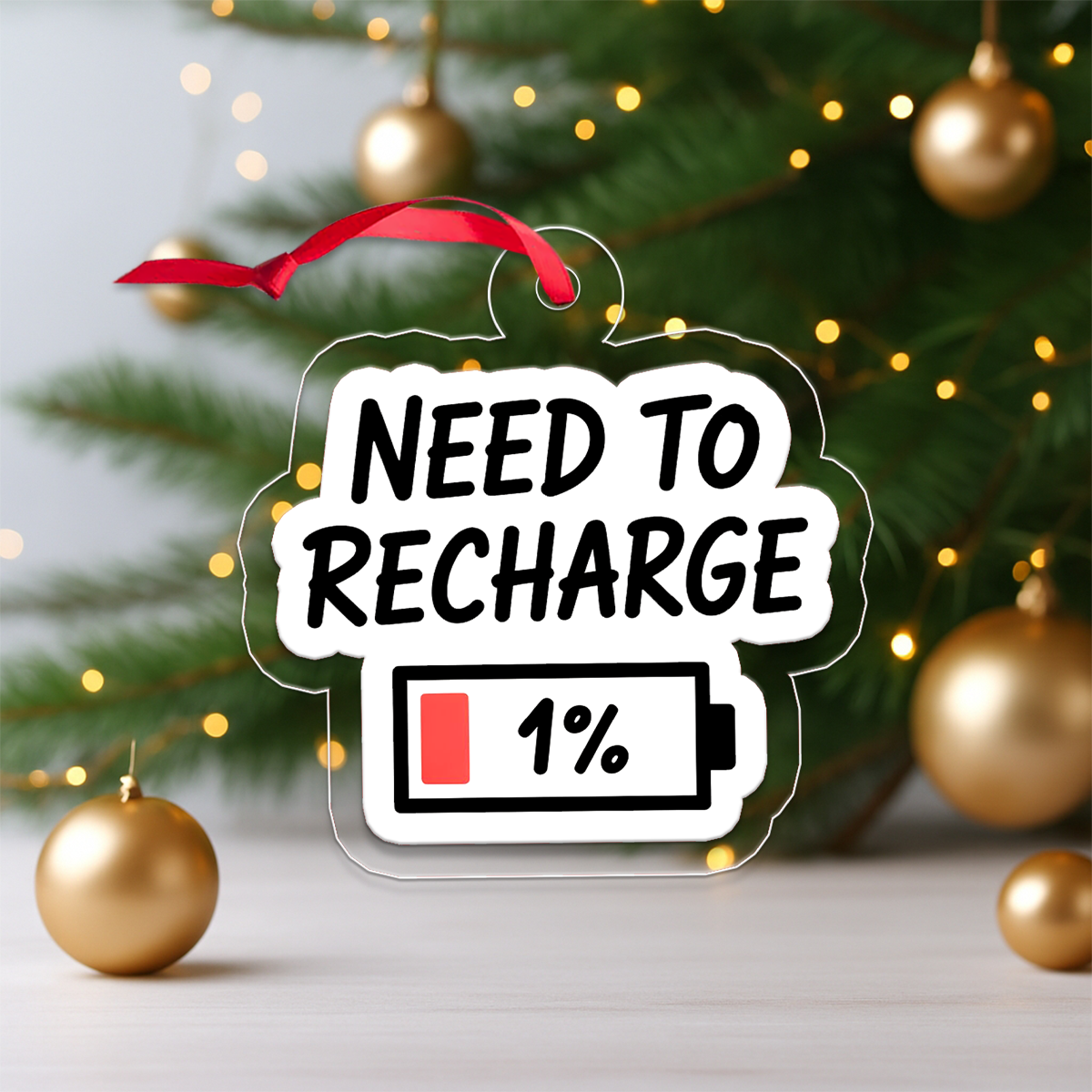 Funny Need To Recharge One Percent Ornament, Battery Ornament, Custom Tech Christmas Ornament, Gamer Gift, Low Power Gag Gift