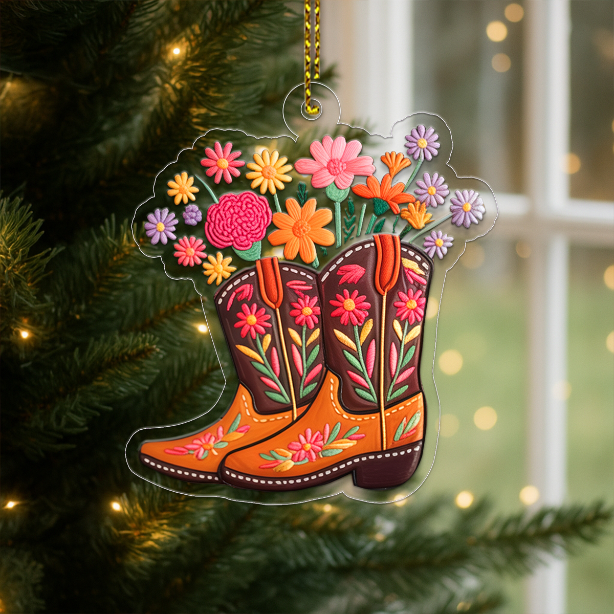 Custom Name Flower Cowgirl Boots Acrylic Ornament Christmas Gift